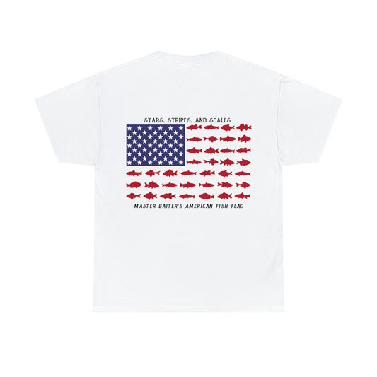 Patriotic Angler's Tee: Stars, Stripes, and Scales Unisex Heavy Cotton Tee